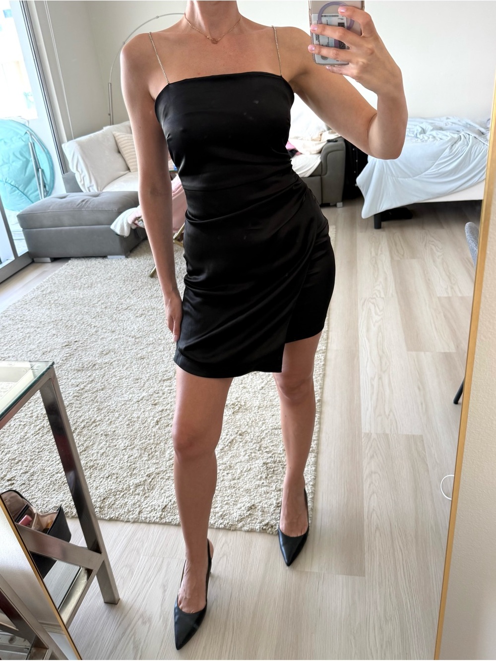 Zara Black Satin Mini Dress Size S with Chain Straps | Ruched Bodycon